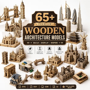 Pode incluir: Uma coleção de modelos de arquitetura em madeira cortados a laser representando monumentos mundiais. A placa central exibe o texto 65+ PREMIUM WOODEN ARCHITECTURE MODELS, BUILD | DISPLAY | INSPIRE, com ícones de precisão e montagem.