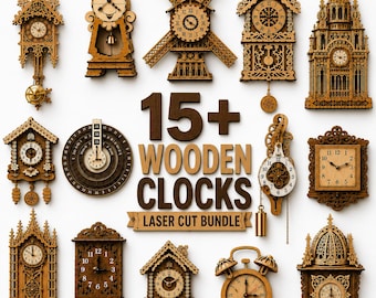 Op de afbeelding: Een collectie van 15+ houten klokken met ingewikkelde lasergesneden ontwerpen, waaronder koekoek-, windmolen- en architecturale stijlen met diverse wijzerplaten, pendels en gewichten. De tekst 15+ WOODEN CLOCKS LASER CUT BUNDLE staat in het midden.