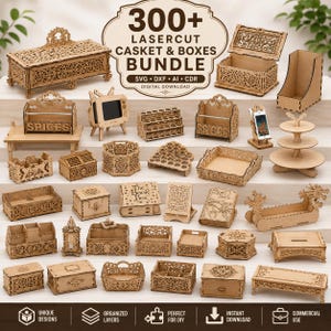 May include: A collection of laser-cut wooden boxes and organizers featuring intricate patterns. The image displays various shapes including rectangular chests, tiered stands, and book-shaped containers, all presented as a digital download bundle.