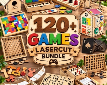 May include: A collection of laser-cut wooden games and puzzles including a birdhouse, a colorful block puzzle, a busy board house, a peg game, a card deck, a connect-four board, and a sign that reads 120+ GAMES LASERCUT BUNDLE.