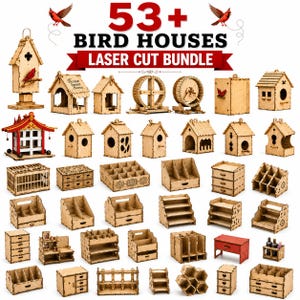 May include: A digital collection of 53+ laser cut bird house and storage organizer designs. The image displays various wooden structures, including bird houses, multi-drawer units, desk organizers, and shelving, all featuring intricate cutouts.