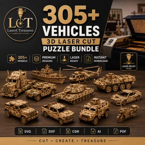 Puede incluir: Una colección digital de más de 305 modelos de rompecabezas de vehículos en 3D cortados con láser, que incluye un camión, barco, helicóptero, tanque, vehículo blindado, coche deportivo, motocicleta y varios camiones. Formatos SVG, DXF, CDR, AI y PDF.