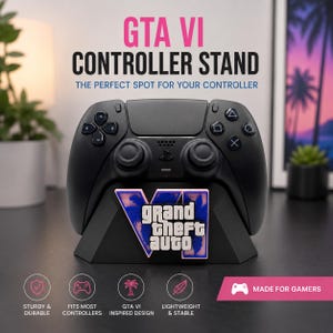 May include: A black gaming controller stand featuring a GTA VI logo with palm tree silhouettes. The stand displays the text GTA VI CONTROLLER STAND, THE PERFECT SPOT FOR YOUR CONTROLLER, and MADE FOR GAMERS. It includes icons for durability, compatibility, design, and stability.