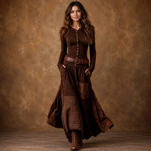 May include: A long-sleeved dark brown button-down top paired with a matching long skirt featuring a mix of solid suede-like panels and plaid fabric sections. The outfit includes a wide brown leather belt with a circular buckle and brown boots.