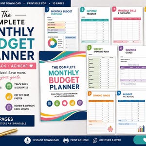 May include: A printable monthly budget planner set featuring ten pages including a monthly budget overview, income tracker, bill tracker, expense tracker, weekly spending plan, savings goals, debt payoff tracker, sinking funds, budget vs actual, and review.
