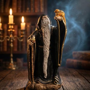 Vintage Windstone Editions Wizard Figurine with Crystal Ball and Dragon, Melody Peña Fantasy Statue, Collectible