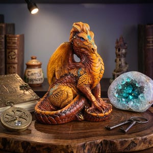 Vintage 1986 Windstone Editions Male Dragon Figurine by Melody Peña, Retired Old Brown Colorway with Turquoise & Gold, Rare Fantasy Statue