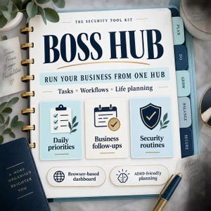 May include: A spiral-bound planner titled BOSS HUB with the subtitle THE SECURITY TOOL KIT. The cover features sections for Daily priorities, Business follow-ups, and Security routines, along with icons for a browser-based dashboard and ADHD-friendly planning.