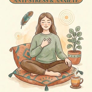 May include: A digital illustration featuring a person sitting cross-legged on a patterned cushion. Text at the top reads MA BOÎTE À OUTILS ANTI-STRESS & ANXIÉTÉ. Below, text reads EFT • Auto-Hypnose • Pleine Conscience • Cultiver le calme au quotidien.
