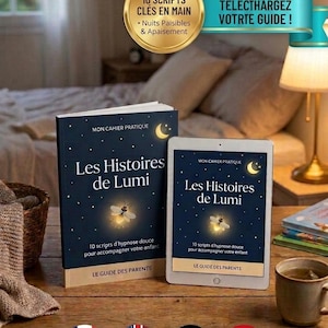May include: A book and a tablet displaying the title Les Histoires de Lumi, featuring a dark blue cover with stars, a glowing firefly, and the text 10 scripts d'hypnose douce pour accompagner votre enfant and LE GUIDE DES PARENTS.