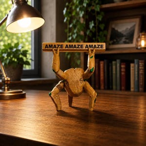 May include: A light brown wooden sculpture of a multi-legged creature with green accents, standing on a surface and holding a horizontal wooden bar above its head. The bar features the text AMAZE AMAZE AMAZE printed in bold black capital letters.