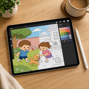 May include: A tablet displaying a digital colouring page of two children and a puppy playing outdoors. The left side of the screen shows the illustration in full colour, while the right side remains in black and white line art. A stylus rests nearby.