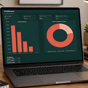May include: A laptop screen displaying a financial dashboard with a dark green background. The interface features a bar chart titled Income by Platform and a donut chart titled Income vs. Deduction vs. Tax Due, both using coral-colored data visualizations.