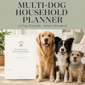 以下が含まれることがあります： 肉球アイコンと「The Multi-Dog Household Planner」、「A thoughtful record for every member of your four-legged family」、「Our pack」というテキストが記載された、印刷可能な多頭飼い家庭用プランナー。3匹の犬の横に配置されています。