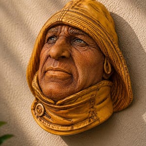 May include: A wall-mounted sculpture depicting the head and shoulders of a weathered individual wearing a yellow hooded rain slicker. The figure has deep facial lines, a prominent nose, and blue eyes, with a button visible on the collar.