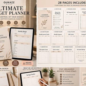 Peut inclure: Un planificateur de budget numérique et imprimable de 28 pages, incluant des suivis de revenus, dépenses, factures, épargne et dettes. La couverture beige présente une illustration de feuille et inclut les formats A4, US Letter et A5.
