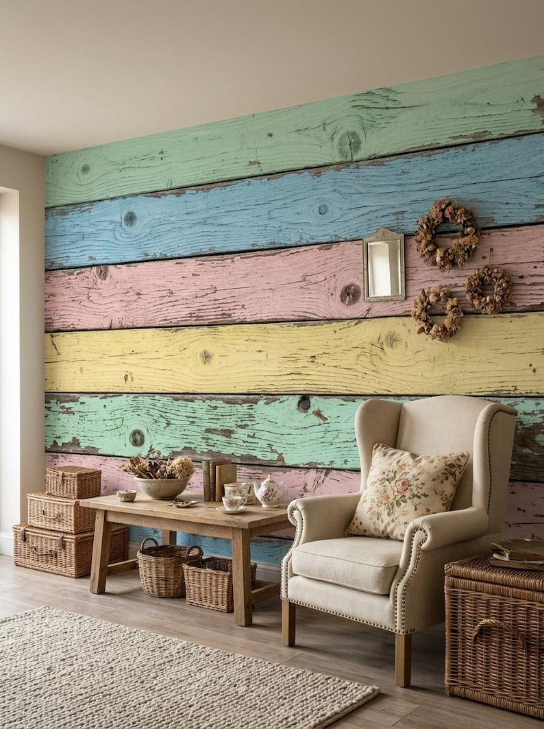 Pastel Wood Plank Wallpaper, Shabby Chic Distressed Wall Mural