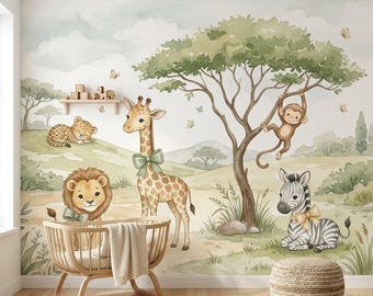 Watercolor Safari Animal Wallpaper Sage Green Nursery Wall Mural, Jungle Baby Room Decor, Soft Safari Animal Mural, Neutral Kids Playroom