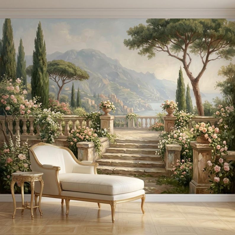 Pfr First Order Mediterranean Landscape Oil Painting Wall Mural, Italian Terrace Decor ...