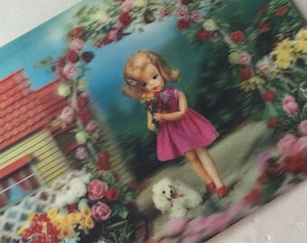 60s Lenticular Postcard. 3D Postal Card. Unused animated card. Holographic Post Card Little Blonde Girl & puddle dog. Retro novelty cards.