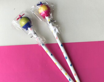 80s Mascot Pencils Helicopter. Vintage novelty pencils with toy cap. Set of 2. Bubble pencils.