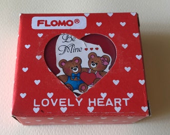 FLOMO Lovely Heart Trinket Box. 80s Red Plastic Heart. Vintage Flomo Bears. Be Mine Puffy Heart