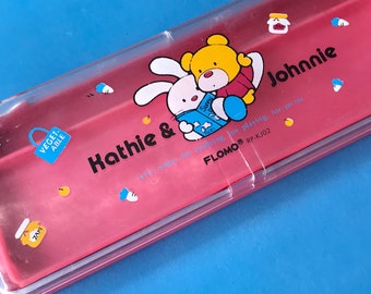 80s Flomo Kathie & Johnnie Pencil Box. Vintage Double Decker Pink Plastic Pencil Case. Gift for schoolgirls. Back to school vintage Flomo