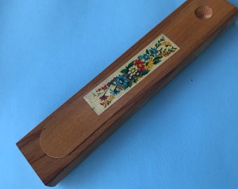 Vintage Wooden pencil box with sliding lid. 1960s Traditional Greek Pencil case with flowers top. Vintage wooden pencil box Retro display