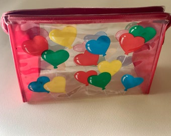 Vintage 80s Rainbow Hearts Nylon Makeup Bag. 80s Heart Balloons Cosmetics Pouch. Heart Print Zipper Pouch. Rainbow Summer Travel Case 1980