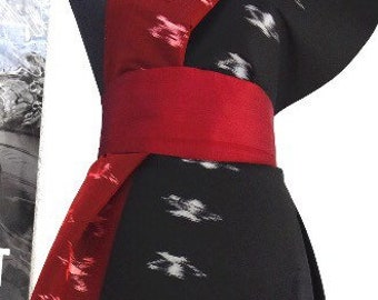 Tartan black and white silk and red silk reversible stretch obi belt