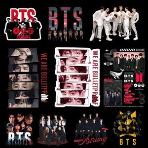 Może przedstawiać: Kolekcja naklejek BTS zawierająca różne zdjęcia grupowe, portrety indywidualne oraz tekst "BTS", "ARIRANG" i "WE ARE BULLETPROOF". Projekty obejmują czarno-biało-czerwoną kolorystykę z elementami graficznymi na czarnym tle.