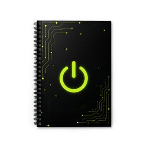 Cuaderno espiral con icono de energía neón / Diseño de circuitos tecnológicos, cuaderno rayado