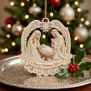 May include: A cream-colored lace Christmas ornament featuring a nativity scene with figures of Mary, Joseph, and the infant Jesus in a manger. The ornament includes a star at the top and a banner at the bottom with the text Merry Christmas 2026.