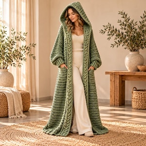 May include: A long, sage green hooded cardigan made of chunky knit yarn. The garment features a prominent cable knit pattern along the front opening, long sleeves with ribbed cuffs, and two deep patch pockets on the front. The cardigan is floor-length.