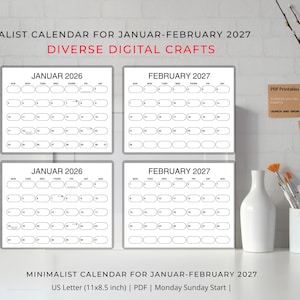 May include: A digital calendar set for January and February 2027, featuring four grid layouts with oval date boxes. The text reads MINIMALIST CALENDAR FOR JANUAR-FEBRUARY 2027, DIVERSE DIGITAL CRAFTS, and US Letter (11x8.5 inch) | PDF | Monday Sunday Start.