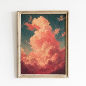 Könnte beinhalten: Ein vertikales, rechteckiges Wandbild in einem hellen Holzrahmen mit einem Gemälde eines dramatischen Himmels voller großer, bauschiger Wolken in Schattierungen von tiefem Karmesinrot, zartem Rosa und Pfirsich vor einem dunkelblau-türkisen Hintergrund.
