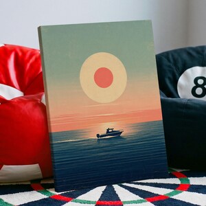 May include: A rectangular canvas print featuring a minimalist illustration of a small motorboat on a calm sea at sunset. The sky transitions from a soft green to a warm orange, with a large, pale yellow circle containing a red center above the horizon.