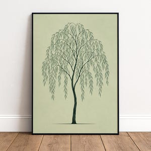 May include: A framed wall art print featuring a centered illustration of a weeping willow tree with dark green branches and leaves set against a solid light sage green background. The artwork is enclosed in a thin black rectangular frame.