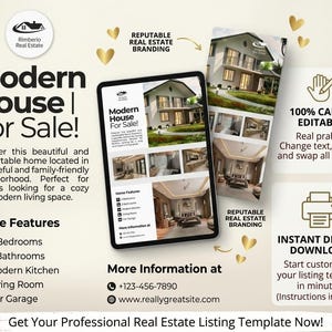 Peut inclure: Un modèle de flyer immobilier numérique présentant une maison moderne à vendre. Le design inclut des champs de texte pour les caractéristiques comme 4 chambres et 3 salles de bain, des coordonnées et des éléments de marque. Entièrement modifiable.