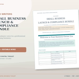 May include: A 27-page digital toolkit titled Food Writers Small Business Launch & Compliance Bundle. The document includes sections on business launch, entity decisions, tax write-offs, and bookkeeping, available in PDF and editable Word formats.