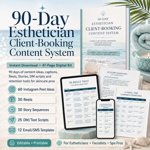 Esthetician Content Planner | 90 Day Social Media Marketing Kit | Reels, Captions, DM Scripts, Promotions + Client Booking System
