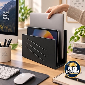Laptop + Tablet Stand for Clutter Free Desk Keeps iPad and Laptop Upright Organized and Easy to Reach in Home Office Kitchen Bedroom