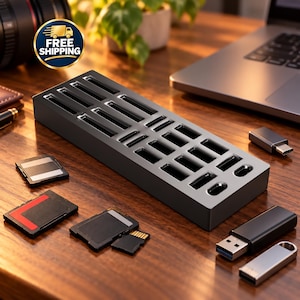 May include: A rectangular dark gray memory card storage case with multiple slots for various card formats, accompanied by several SD cards, a microSD card, a USB-C adapter, a USB-A flash drive, and a small silver metal USB drive.