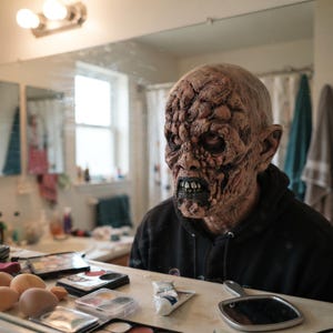 May include: A realistic full-head latex mask featuring a textured, weathered, and decaying skin appearance with deep wrinkles, dark sunken eyes, and exposed teeth, worn over a black hooded sweatshirt in a bathroom setting.