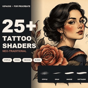 25+ Procreate tatueringsborstar, Neo Traditionellt skuggset, Stipple, Grain, Dotwork, Smudge och Blender