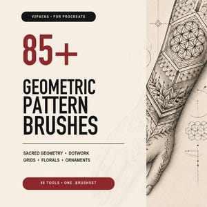 Mais de 85 pincéis de padrões para Procreate, conjunto de pincéis geométricos para tatuagem, geometria sagrada, pontilhismo, grades e bordas ornamentais.