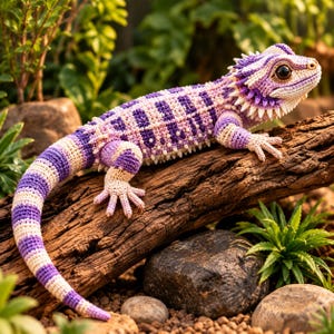 Puede incluir: Una figura de dragón barbudo tejida a ganchillo con un patrón de rayas en tonos morado y crema. El lagarto de peluche tiene un cuerpo texturizado con pequeñas púas a lo largo del cuello y los costados, ojos grandes y oscuros y una cola larga.