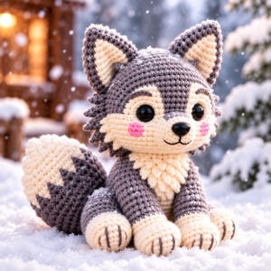Op de afbeelding: Een gehaakt knuffeldier in de vorm van een wolf met donkergrijs en crèmekleurig garen. Het figuur heeft grote zwarte veiligheidsogen, een zwarte neus en roze geborduurde wangen. Het heeft puntige oren, een pluizige staart en zit rechtop.
