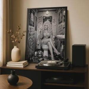 Puede incluir: Una impresión de arte mural enmarcada en blanco y negro que muestra un retrato de Dolly Parton sentada en un inodoro en un baño. La imagen incluye texto como Work Hard Be Kind, Jolene y Dolly Forever, junto a una bola de discoteca en el suelo.