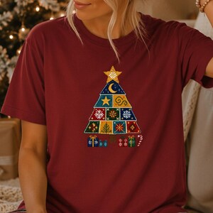 Folk Art Christmas Tree Shirt | Nordic Patchwork Quilt Tee | Scandinavian Holiday Top | Cottagecore Xmas Gift Idea | Unisex Cotton T-Shirt